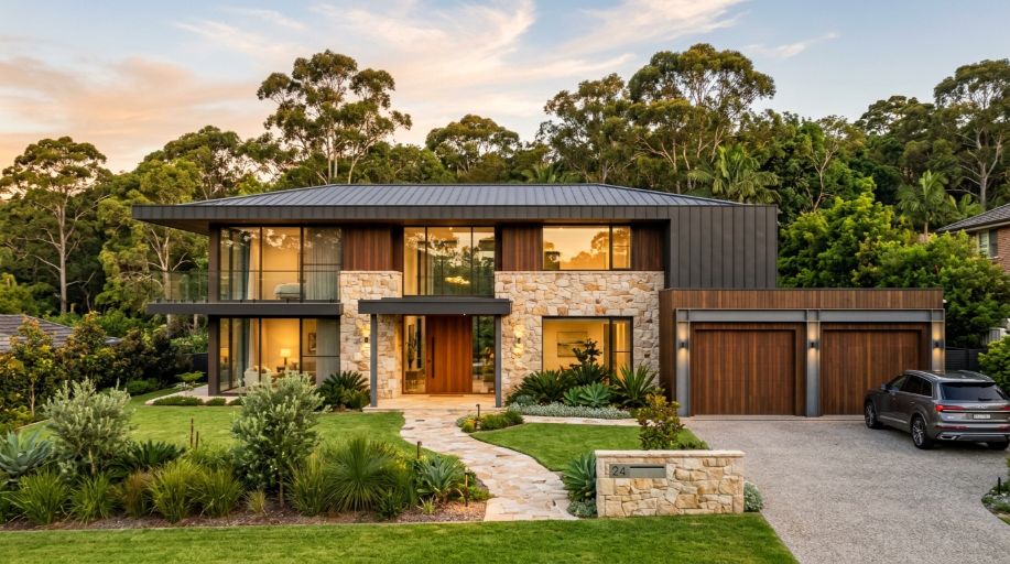 Luxury custom home with contemporary façade and landscaped garden in the Hills District Sydney, featuring large windows and a double garage. (1)