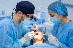 Oral surgery procedure for dental treatment in a professional clinic