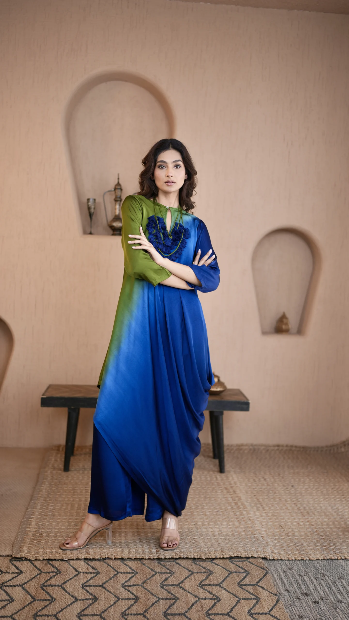 Elegant olive green kaftan suit for women with modern style