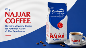 Najjar Classic Pure Brazilian Ground Coffee package with coffee cup in a clean blue and white banner highlighting authentic Arabic coffee experiences