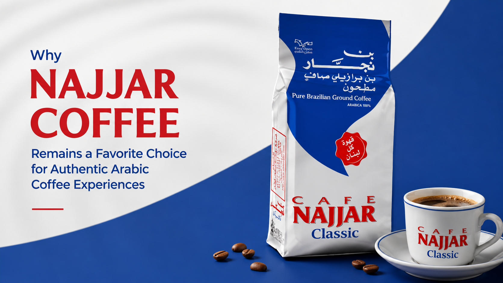 Najjar Classic Pure Brazilian Ground Coffee package with coffee cup in a clean blue and white banner highlighting authentic Arabic coffee experiences