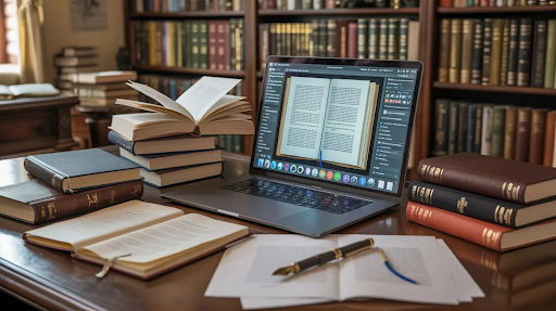 A set of books open on the table and a laptop displaying an E-book open on its display.