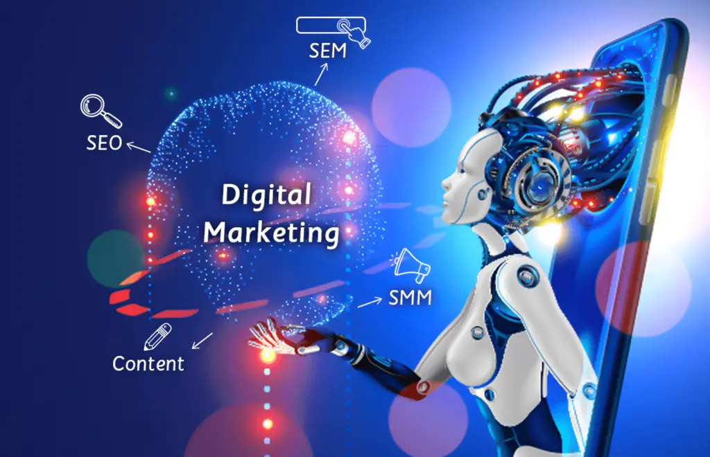 AI-powered digital marketing concept in Australia featuring a futuristic robot using SEO, SEM, social media marketing, and content marketing to drive online business growth.