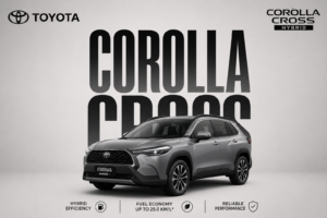 Toyota Corolla Cross Hybrid in a minimalist studio-style promotional poster with bold typography highlighting hybrid efficiency and reliable performance.